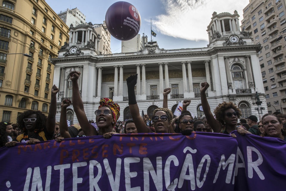 Supporters rally following the murder of councilwoman Marielle Franco in Rio de Janeiro, Brazil, on March 15, 2018. Franco, a 38 year-old black politician from one of Rio's poorest and most violent communities, killed late on March 14 in a shooting that many feared to be a targeted assassination.