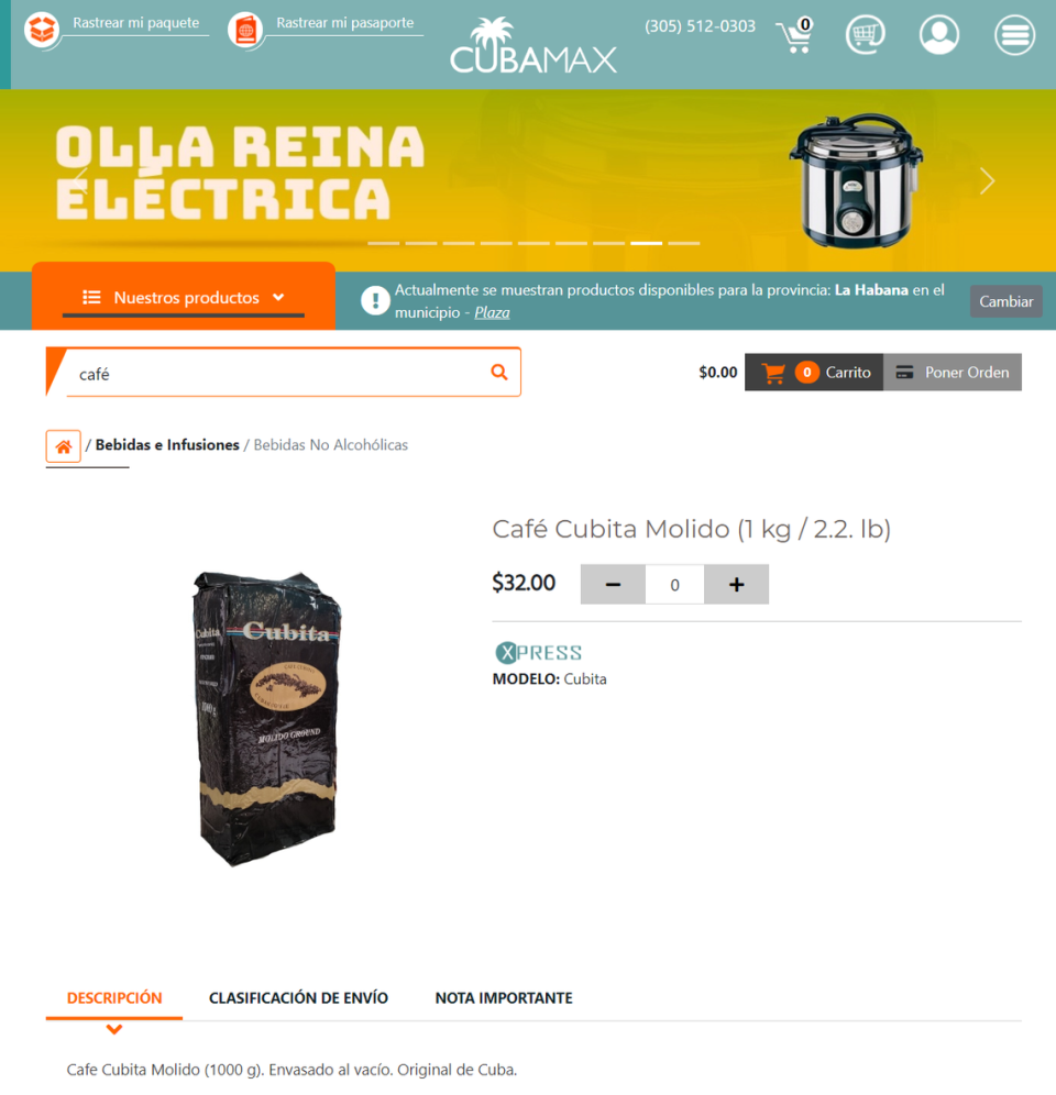 Captura de pantalla del sitio web Cubamax.com que ofrece la marca de café cubano Cubita.