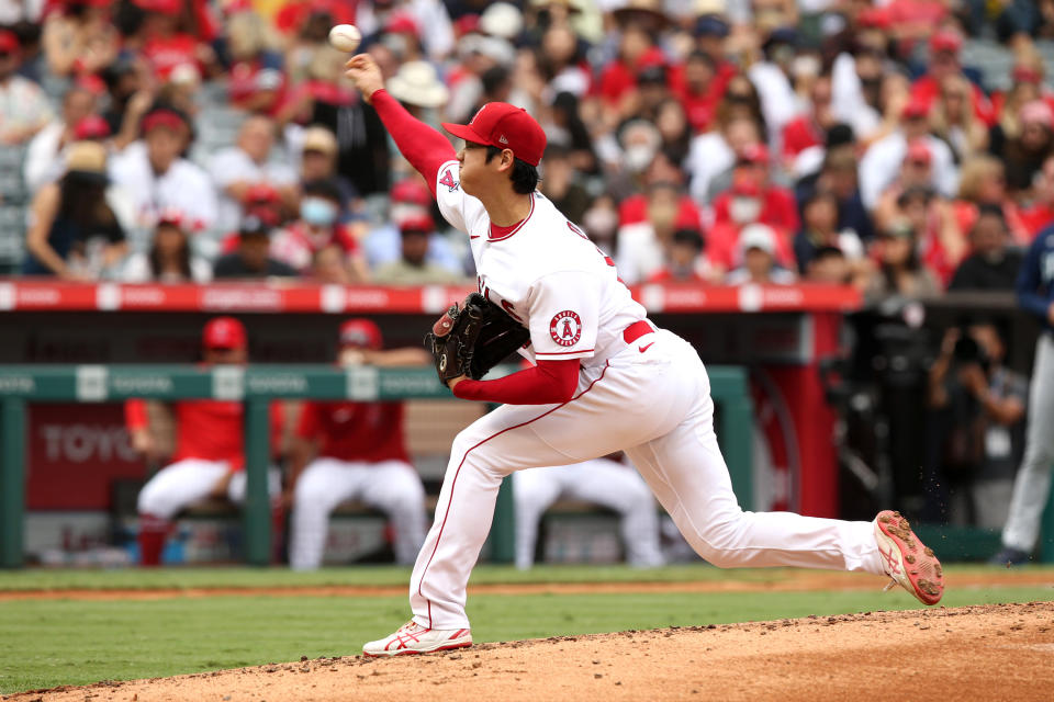 洛杉磯天使二刀流大谷翔平擔任投手時火球連發。（Photo by Katharine Lotze/Getty Images）