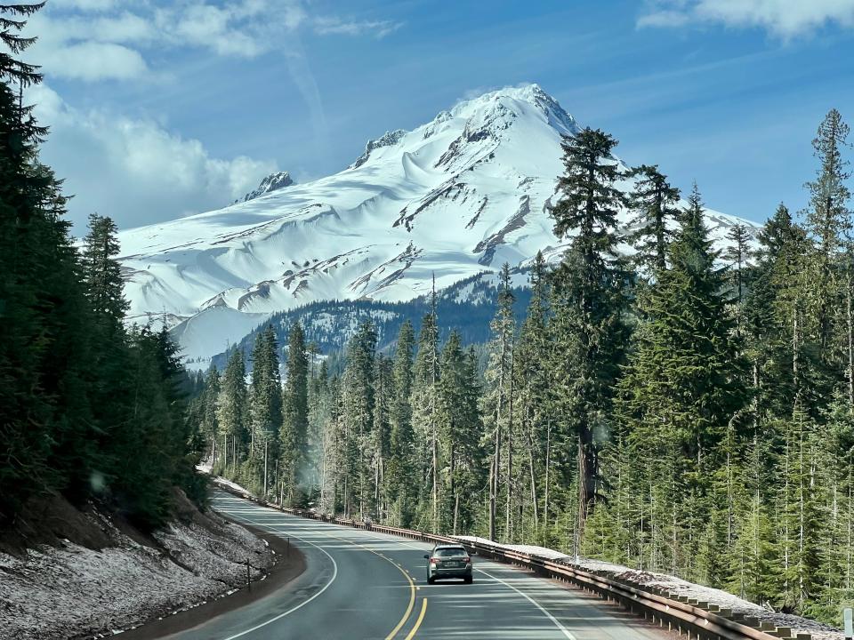 snowcapped mountain behind road