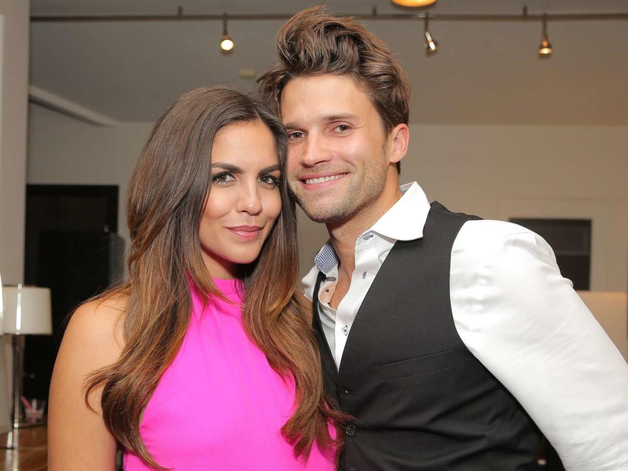 Katie Maloney (L) and Tom Schwartz attend Katie's Pucker and Pout launch party at Frederic Fekkai Hair Salon on July 30, 2015 in Beverly Hills, California