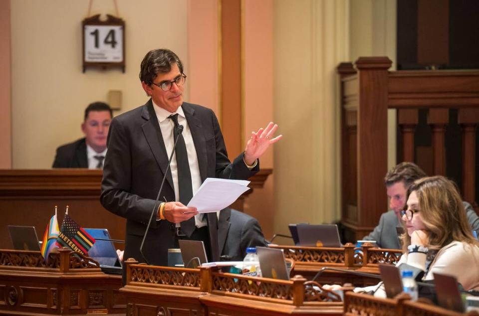 State Sen. Josh Becker, D-Menlo Park, advocates for a bill in the Senate chamber at the state Capitol on Thursday.
