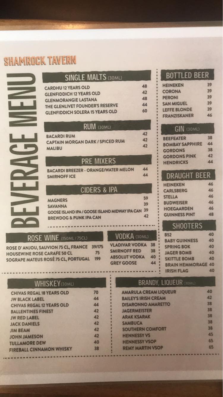 The drinks menu for the Shamrock Tavern on Doha, which is managed by Chris Garvey. Prices are listed in Qatari rial. Picture: Supplied