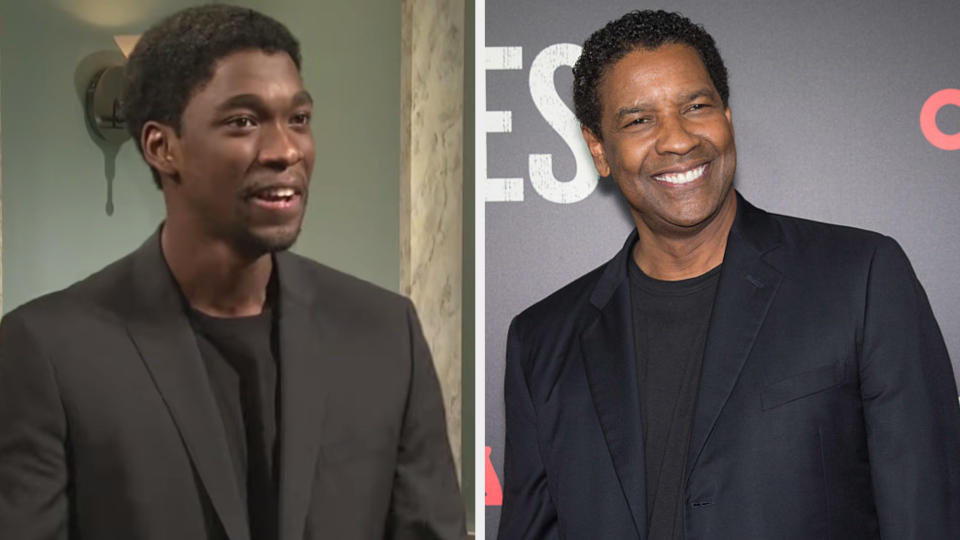 Jay Pharoah dressed in a black shirt and suit jacket side by side with Denzel wearing the same thing