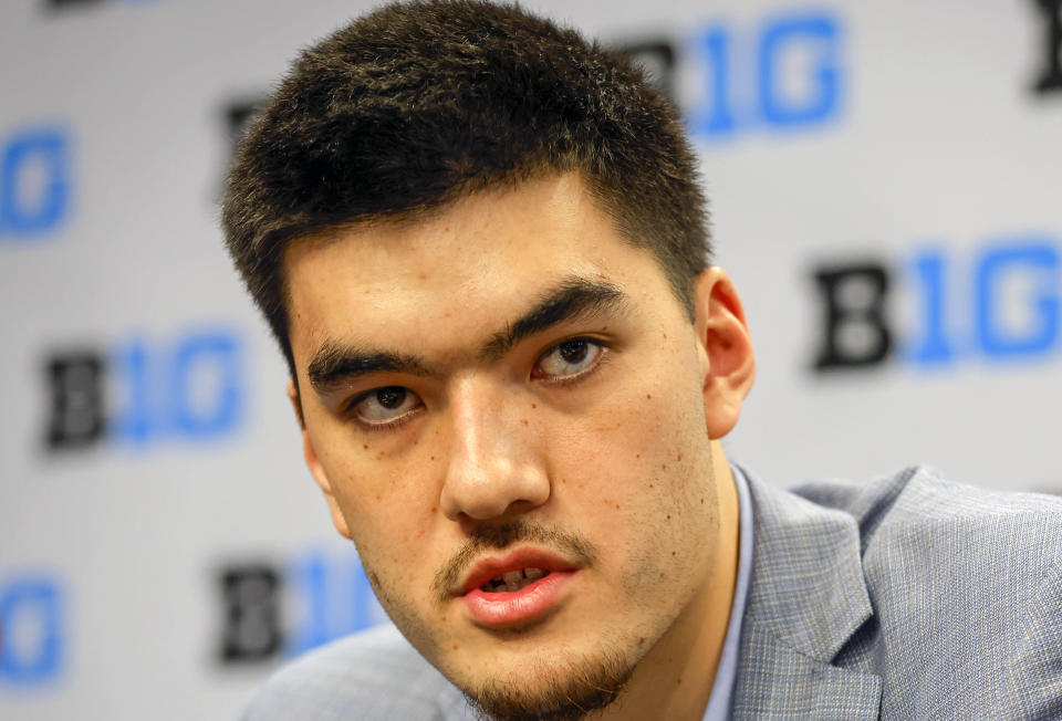 FILE - Purdue center Zach Edey answers questions during Big Ten NCAA college basketball Media Days Tuesday, Oct. 10, 2023, in Minneapolis. Edey was the unanimous choice as AP All-Big Ten player of the year in voting released Tuesday, March 12, 2024. (AP Photo/Bruce Kluckhohn, File)