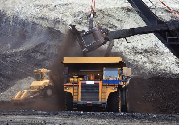 Large excavator filling up a dump truck in a mine.