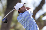 Scott Scheffler follows through on the third tee during the final round of The American Express golf tournament on the Stadium Course at PGA West in La Quinta, Calif., Sunday, Jan. 19, 2020. (AP Photo/Alex Gallardo)