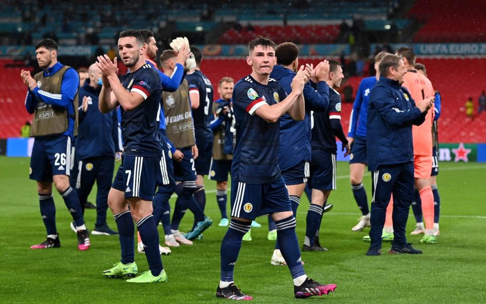 Billy Gilmour of Scotland applauds the fans after the UEFA Euro 2020 Championship Group D match between England and Scotland at Wembley Stadium on June 18, 2021 in London, England - Shaun Botterill - UEFA/UEFA via Getty Images