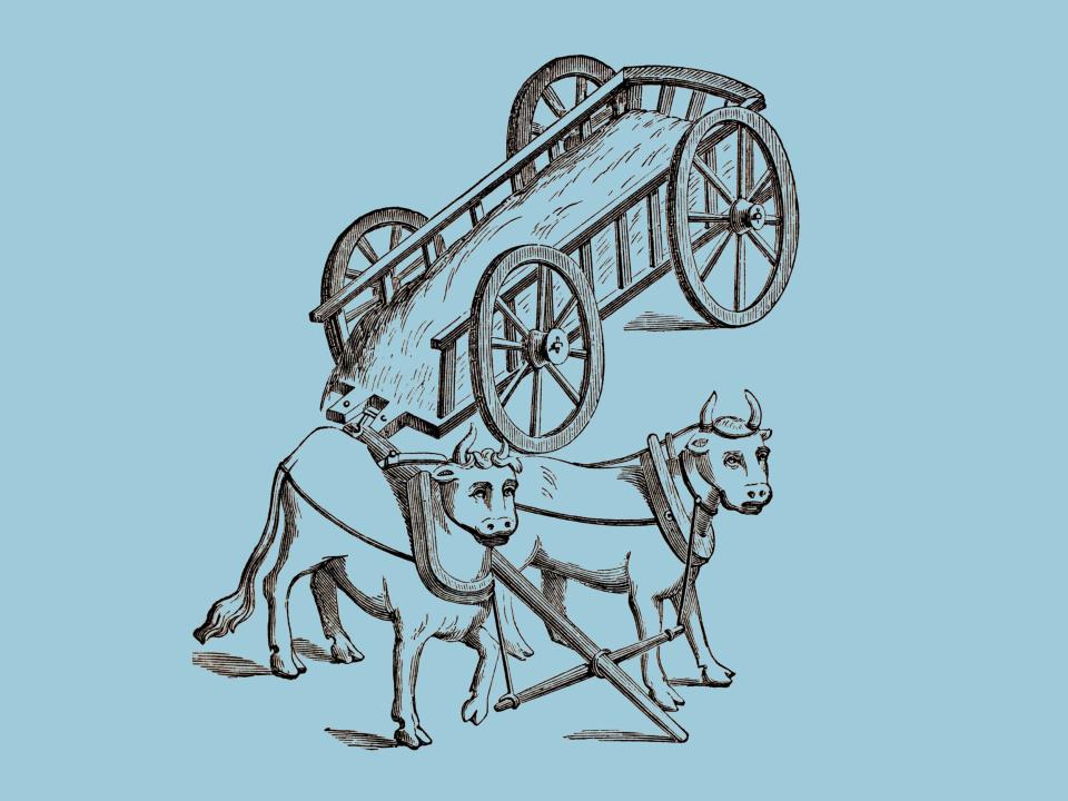 Drawing of cart pulled by oxen, 15th century