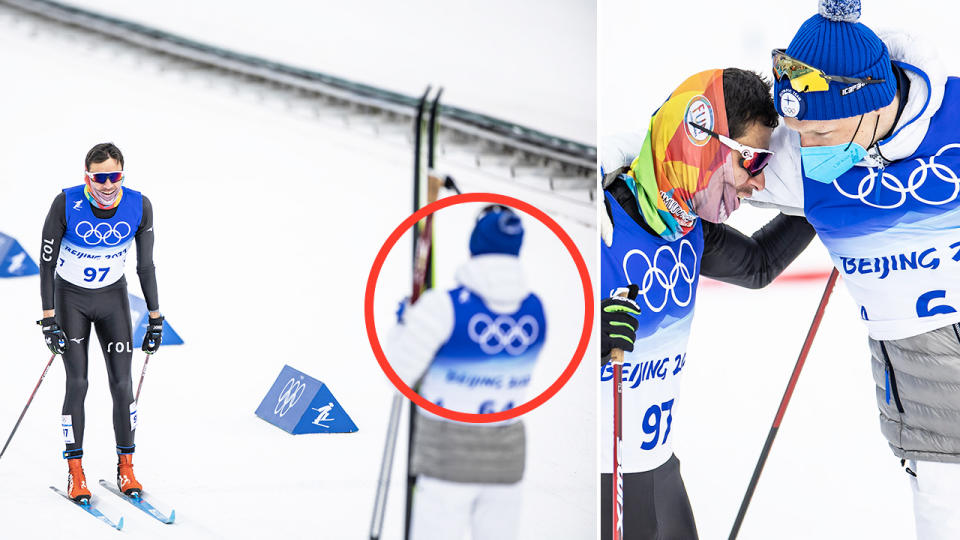 Iivo Niskanen waited for Carlos Andres Quintana to finish in a stunning display of sportsmanship at the Winter Olympics. Image: Getty