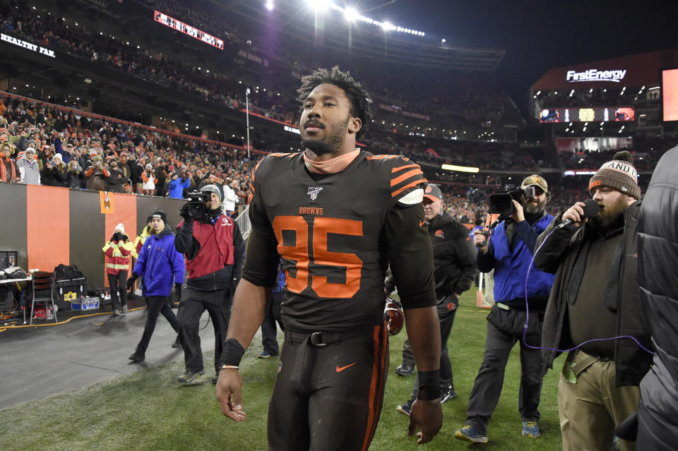 CLEVELAND, OHIO - NOVEMBER 14: Defensive end Myles Garrett #95 of the Cleveland Browns walks off the field after being ejected from the game during the second half at FirstEnergy Stadium on November 14, 2019 in Cleveland, Ohio. The Browns defeated the Steelers 21-7.  (Photo by Jason Miller/Getty Images)