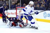 Feb 18, 2019; Columbus, OH, USA; Tampa Bay Lightning right wing Nikita Kucherov (86) scores a goal against Columbus Blue Jackets goaltender Joonas Korpisalo (70) in the first period at Nationwide Arena. Mandatory Credit: Aaron Doster-USA TODAY Sports