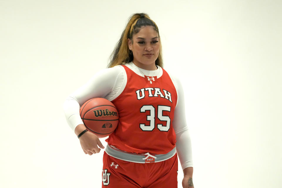 Oct 10, 2023; Las Vegas, NV, USA; Utah Utes forward Alissa Pili (35) poses during Pac-12 women’s basketball media day at Park MGM Las Vegas Conference Center. Kirby Lee-USA TODAY Sports