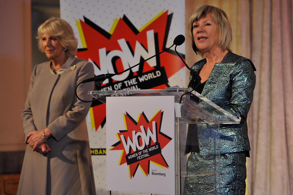 WASHINGTON, DC - MARCH 19:  Jude Kelly, (R), Artistic Director of London's Southbank Centre, speaksÊat a reception of well known women leaders from around the USA while Camilla, Duchess of CornwallÊlooks on at the National Museum of Women in the Arts for the US launch of WOW - Women of the World Festival, a global festival founded by London's Southbank Centre celebrating women and girls on March 19, 2015 in Washington, DC. The Prince and Duchess are in Washington as part of a four day tour of the United States.  (Photo by Larry French/Getty Images)