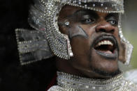 <p>A costumed reveller performs in the parade during the Notting Hill Carnival in London, Monday, Aug. 27, 2018. (Photo: Tim Ireland/AP) </p>