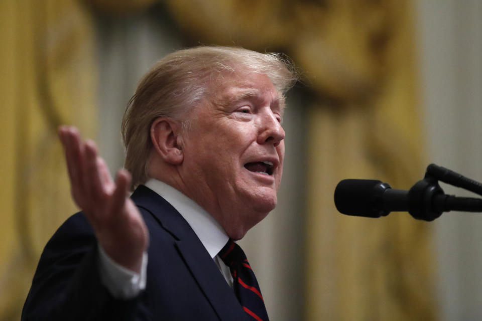 President Donald Trump speaks during a reception for Italian President Sergio Mattarella in the East Room of the White House, Wednesday, Oct. 16, 2019, in Washington. (AP Photo/Alex Brandon)