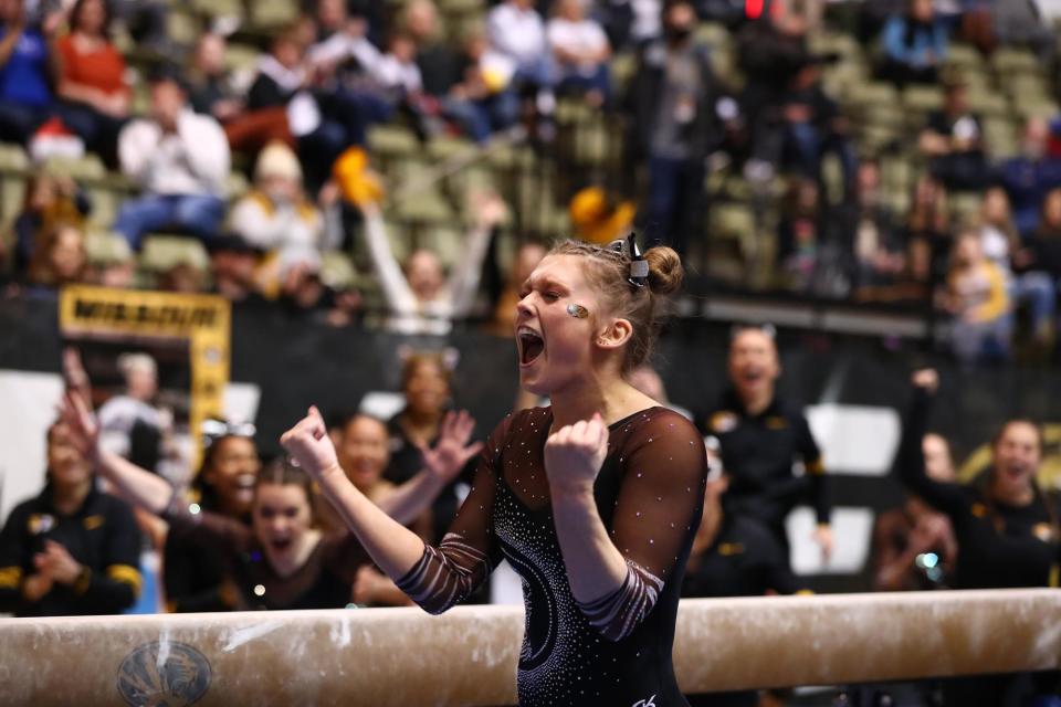 Missouri gymnast Sienna Schreiber celebrates after her beam routine during a meet at the Hearnes Center earlier this season. Schreiber scored a 9.975 on the beam at the NCAA Raleigh Regional Thursday session.