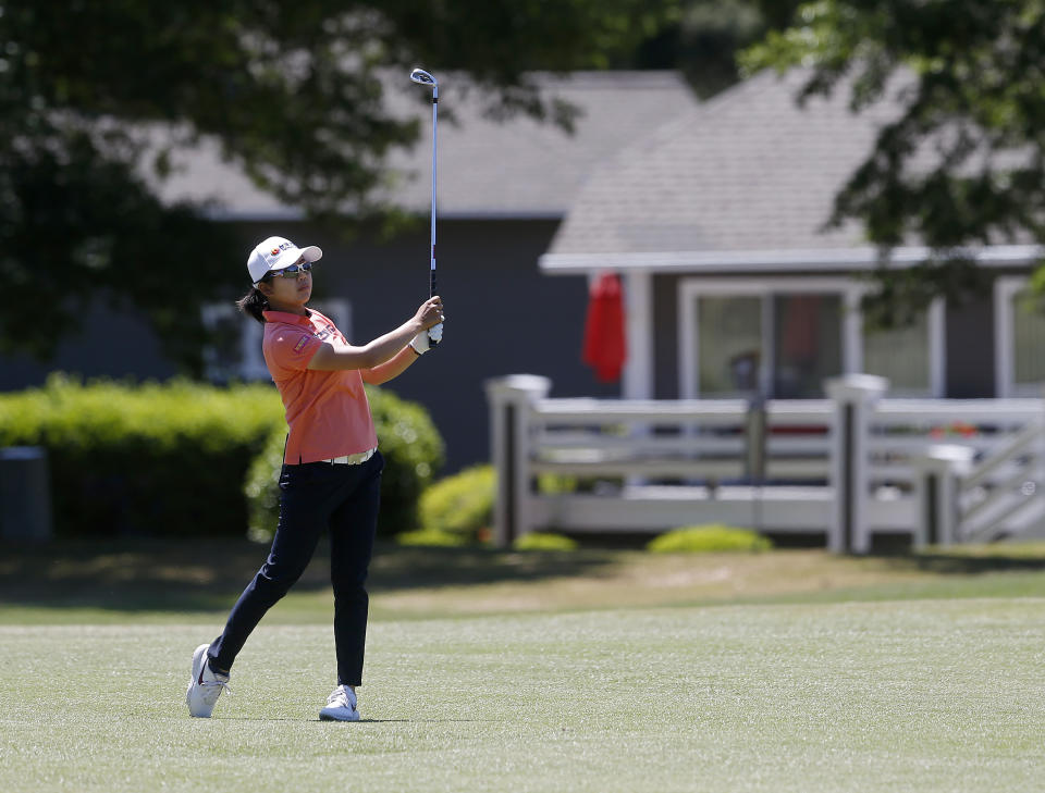 Wei-Ling Hsu hits from the fairway of the 11th hole during the second round of the LPGA Tour's PureSilk Championship golf tournament Friday, May 21, 2021, in Williamsburg, Va. (Kaitlin McKeown/The Virginian-Pilot via AP)