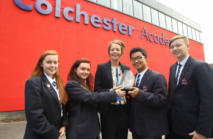 Principal Fiona Pierson and pupils at Colchester Academy (Picture: SWNS)