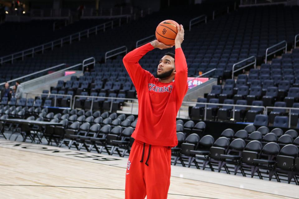 Dec 3, 2021; Elmont, New York, USA; St. JohnÕs Red Storm forward Julian Champagnie (2) warms up prior to a game against the Kansas Jayhawks at UBS Arena. Mandatory Credit: Wendell Cruz-USA TODAY Sports