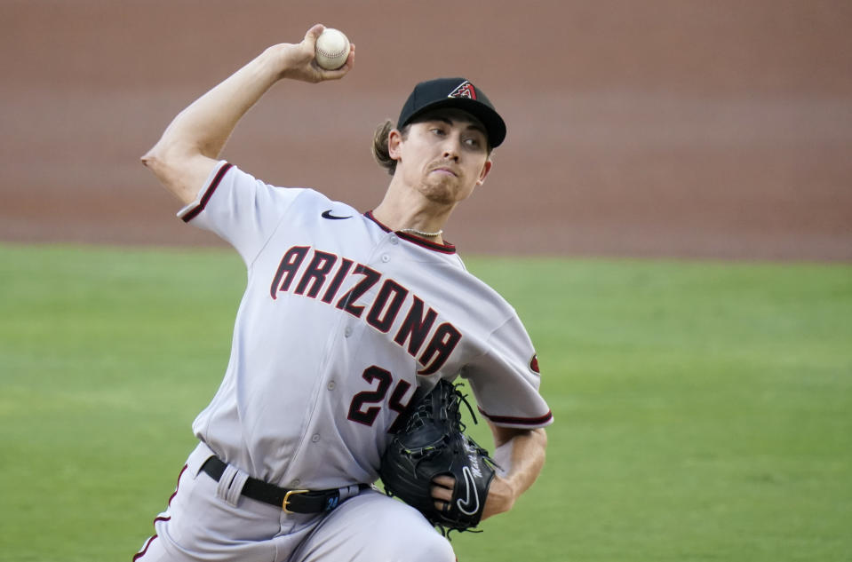 Arizona Diamondbacks starting pitcher Luke Weaver works against a San Diego Padres batter during the first inning of a baseball game Friday, Aug. 7, 2020, in San Diego. (AP Photo/Gregory Bull)