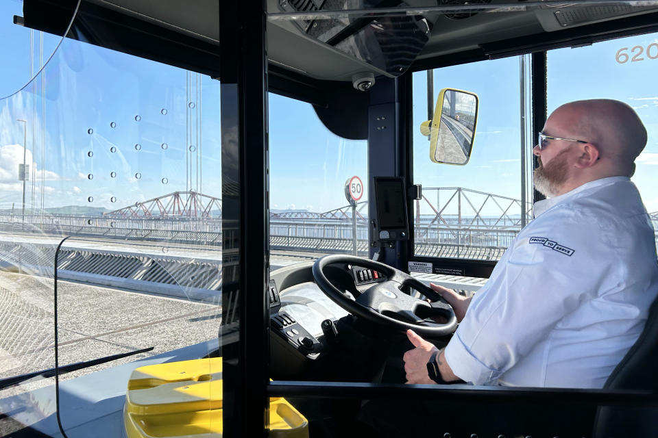 Safety driver Steven Matthew after he switched the bus onto autopilot driving over the Forth Road Bridge at the Queensferry Crossing. (Briony Sowden / NBC News)