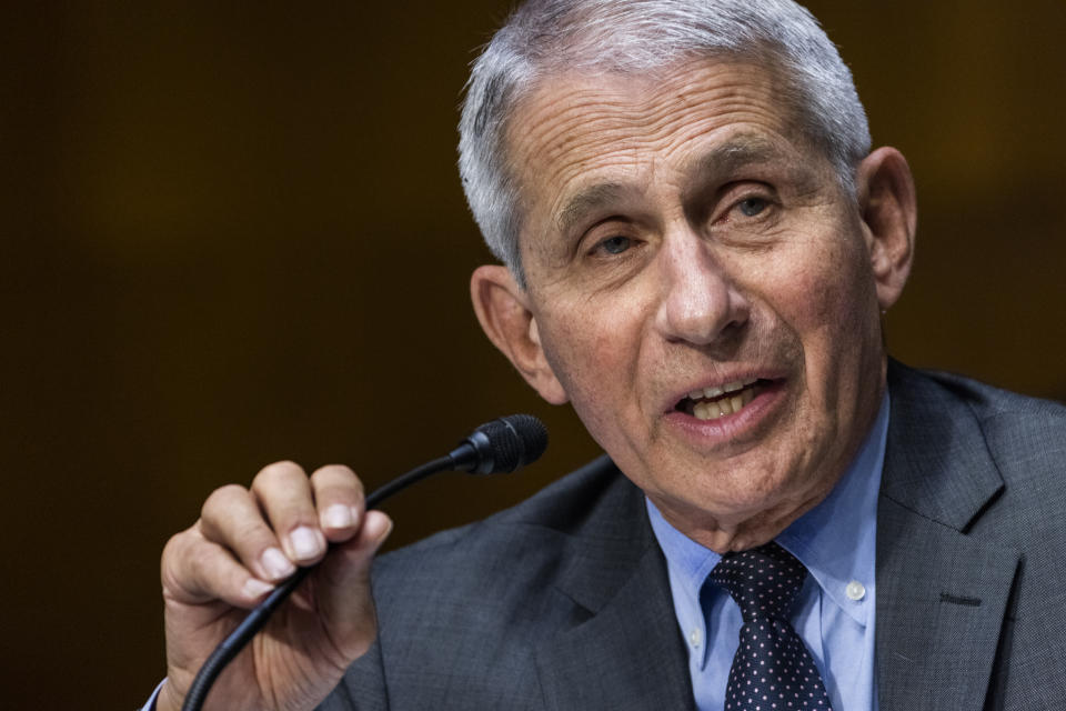 FILE - In this May 11, 2021, file photo, Dr. Anthony Fauci, director of the National Institute of Allergy and Infectious Diseases, speaks during hearing on Capitol Hill in Washington. Fauci has been a lightning rod since the early days of the pandemic, when he was lionized by the left as a beacon of truth and villainized by the right as a misguided, spotlight-seeking bureaucrat who too often sought to undermine then-President Donald Trump. But since the release of a trove of his emails obtained by news outlets, Republicans have sharply escalated their attacks on the nation's top government infectious diseases expert. (Jim Lo Scalzo/Pool Photo via AP, File)