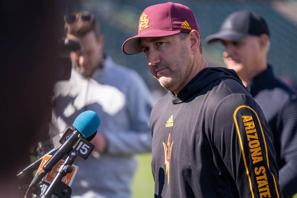 ASU's new head baseball coach, Willie Bloomquist, speaks to the media during ASU Baseball's first official media day ahead of practice on Friday, Jan. 28, 2022.