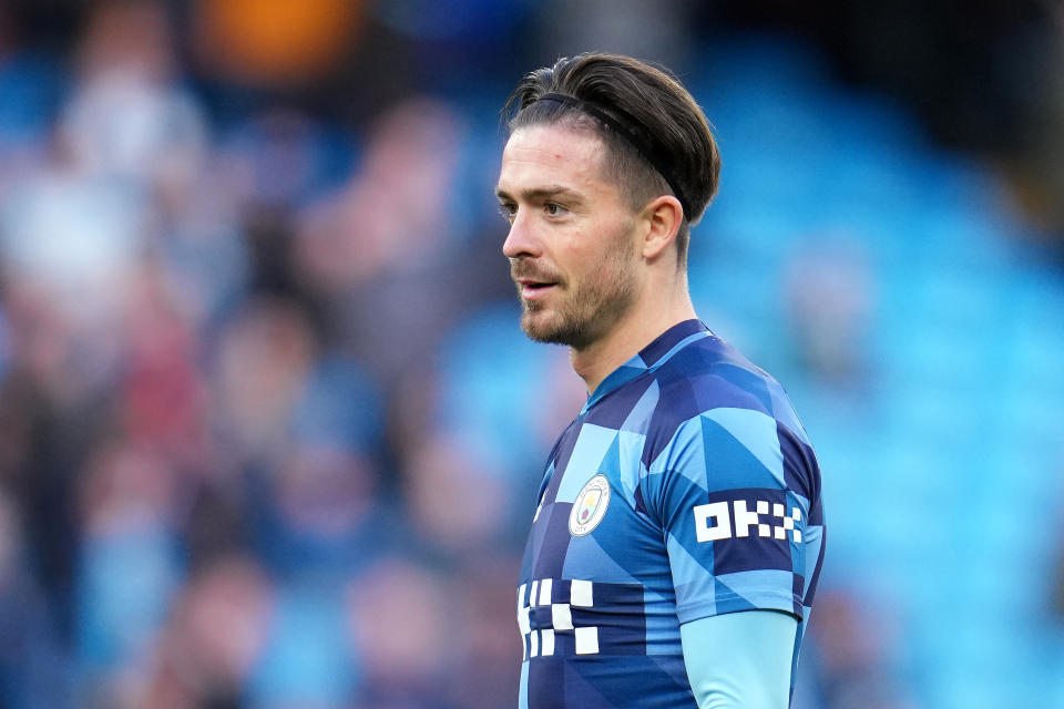 MANCHESTER, ENGLAND - MAY 03: Jack Grealish of Manchester City warms up prior to the Premier League match between Manchester City and West Ham United at Etihad Stadium on May 03, 2023 in Manchester, England. (Photo by Lexy Ilsley - Manchester City/Manchester City FC via Getty Images)