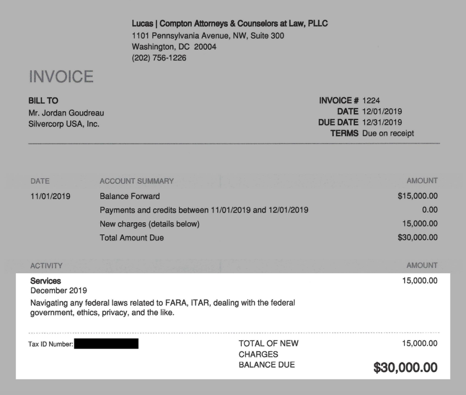 A copy of the invoice charging $30,000 for navigating federal laws relating to arms exports and foreign lobbying, sent by Washington lobbyist Travis Lucas to Jordan Goudreau.