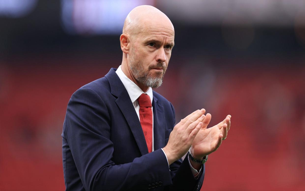 Manchester United manager Erik ten Hag applauds the support after the Premier League match between Manchester United FC and Liverpool FC at Old Trafford on September 1, 2024 in Manchester, England