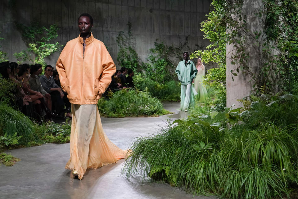 A model wears an outfit for the Gucci Cruise fashion show in London, Monday, May 13, 2024. (Photo by Alberto Pezzali/Invision/AP)