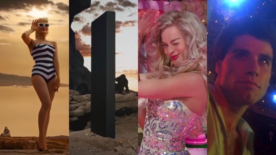 Margot Robbie as Barbie in a black and white dress, the black monolith from 2001: A Space Odyssey, Margot Robbie as Barbie clapping, and John Travolta in Saturday Night Fever