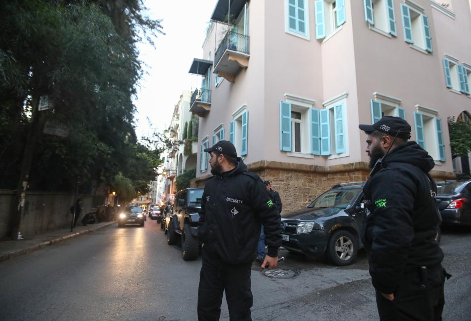 Private security guards stand near a house said to belong to former Nissan chief Carlos Ghosn in a wealthy neighbourhood of the Lebanese capital Beirut on January 6, 2020. - Former Nissan boss Carlos Ghosn will give a hotly awaited press conference in Lebanon on January 8, his spokesman said, offering clarity on his recent flight from Japan. Since arriving in his native Lebanon after skipping bail in Japan almost a week ago, the 65-year-old businessman has given few media statements. (Photo by ANWAR AMRO / AFP) (Photo by ANWAR AMRO/AFP via Getty Images)