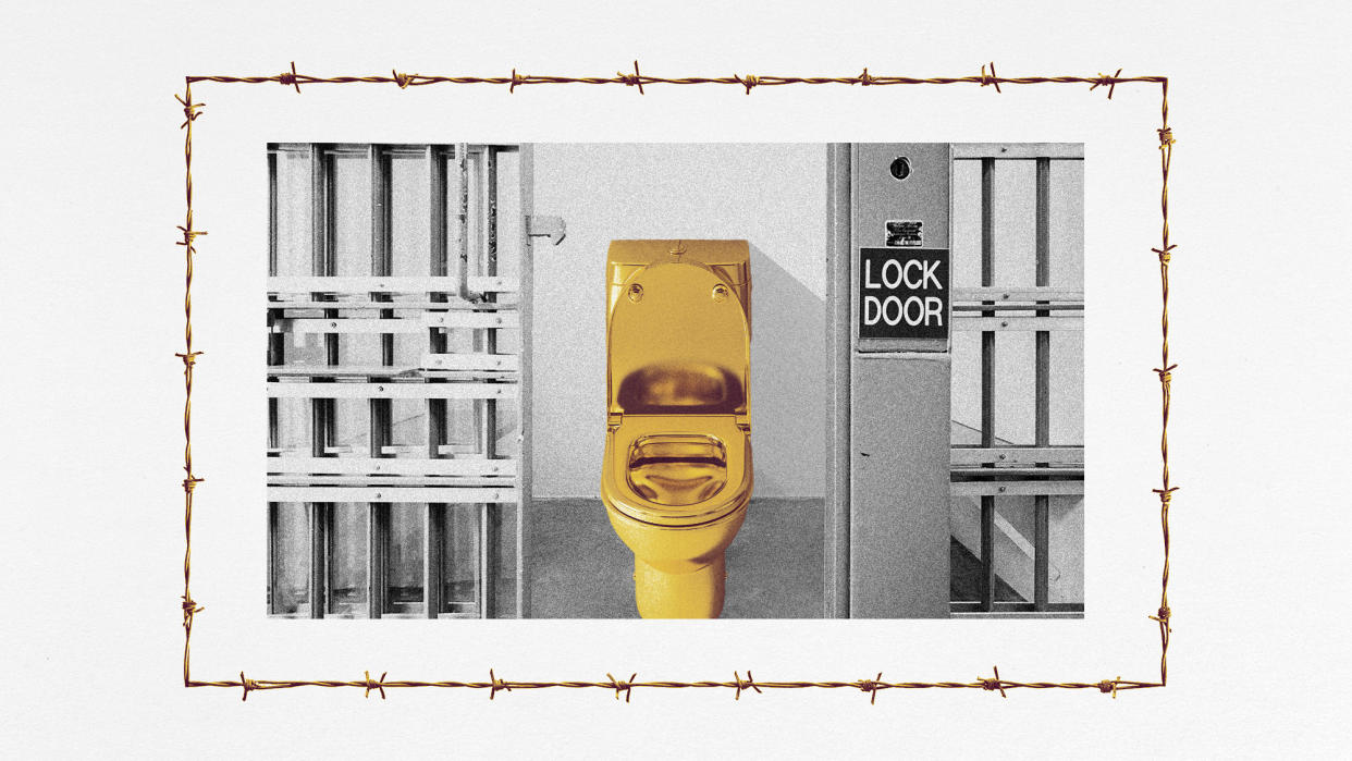 Photo collage of an open jail cell with a golden toilet inside. A decorative border of barbed wire surrounds the image. 