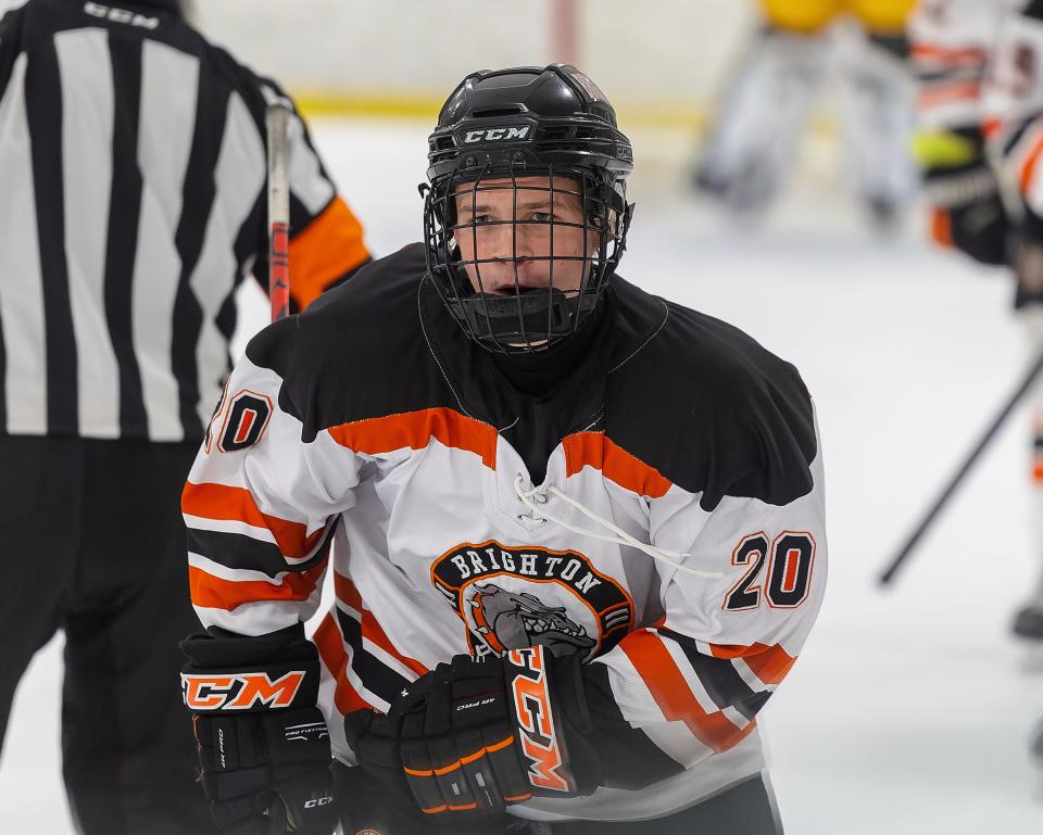 Brighton's Tim Peterson celebrates the first of his two goals during a 4-0 victory over Howell Thursday, Dec. 21, 2023.