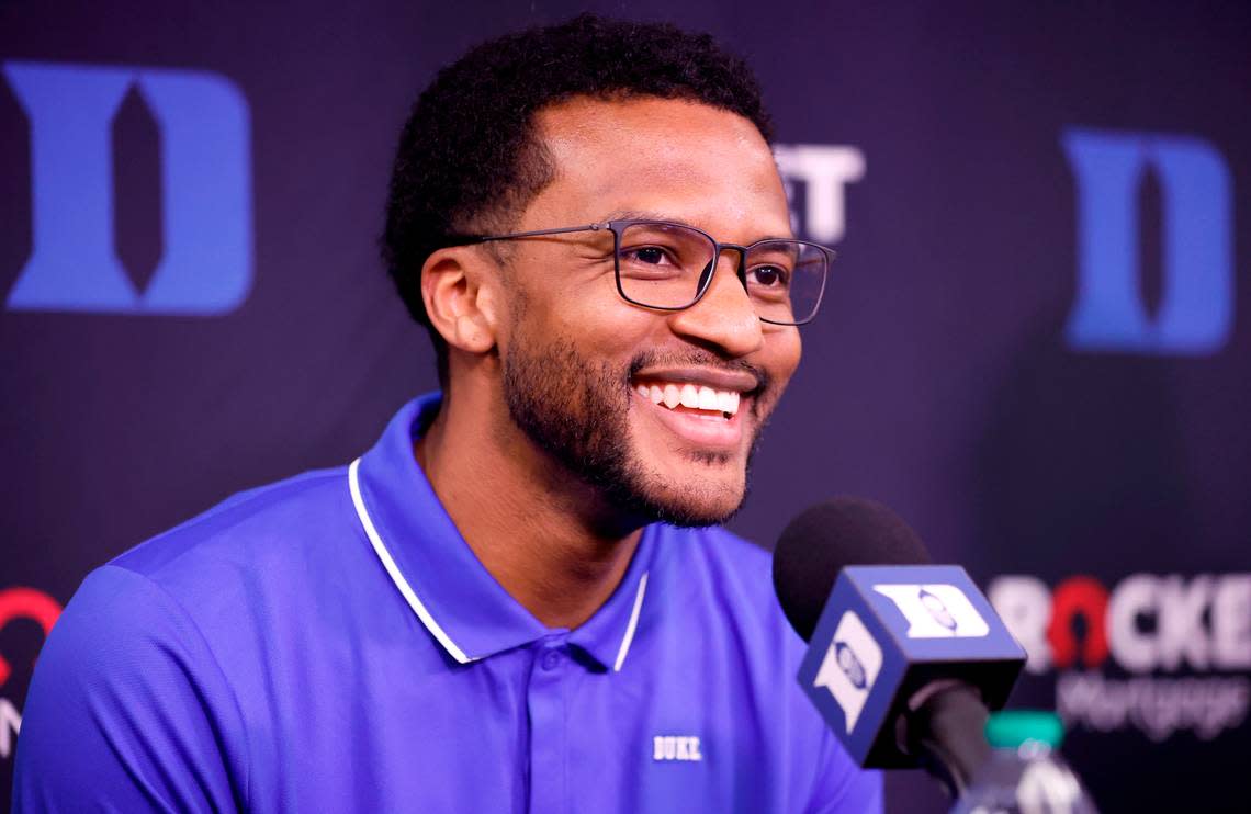 Duke assistant coach Jai Lucas smiles while answering a question during a media availability at Cameron Indoor Stadium in Durham, N.C., Tuesday, May 3, 2022.