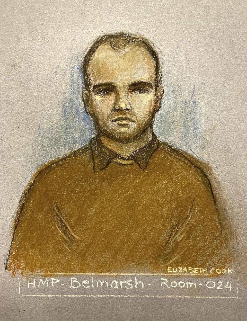 Court artist sketch by Elizabeth Cook of Bulgarian national Orlin Roussev, appearing via video link at Westminster Magistrates' Court, London, charged with spying for Russia, Tuesday Sept. 26, 2023. Five Bulgarians living in the U.K. who were charged with spying for Russia appeared Tuesday in court for a brief hearing. (Elizabeth Cook/PA via AP)