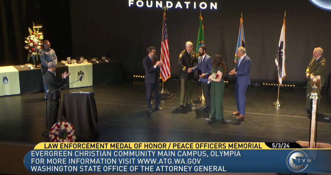 Benton County Sheriff’s Detective Kenton Childers is presented with the Law Enforcement Medal of Honor, Washington state’s highest award for police.. Courtesy TVW