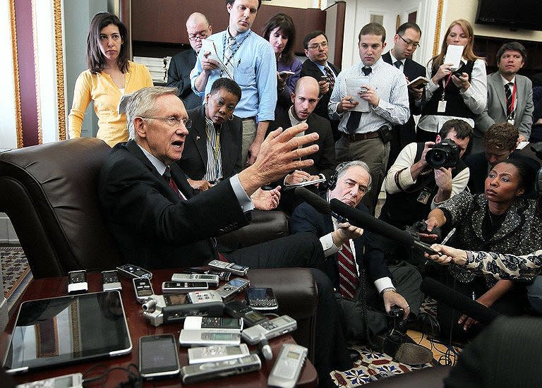 US Senate Majority Leader Sen. Harry Reid speaks to members of the press during a news briefing on Capitol Hill in Washington, DC. Budget negotiations between the Democrats and Republicans coninue with a shutdown of the federal government looming