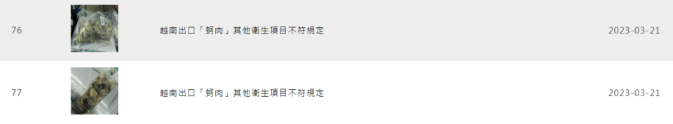 在食藥署邊境檢查不合格名單的網頁中，有發現到自越南進口的這2批不合格牡蠣，於今年3月21日時被檢出無機砷含量超標。   圖：翻攝自食藥署網站