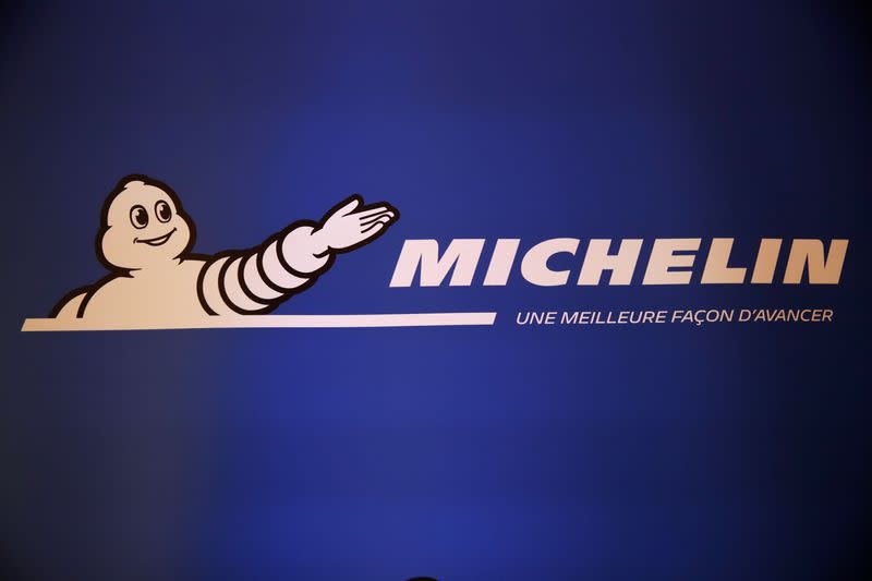 The logo of Michelin Group is seen ahead of a news conference to present the company's 2018 annual results in Paris