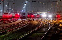 Trains are parked outside the central train station in Frankfurt, Germany, Friday, Dec. 8, 2023, when train drivers of the GDL union went on a 24-hour-strike. (AP Photo/Michael Probst)