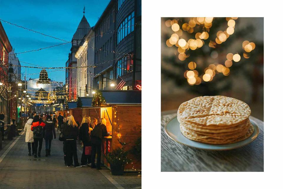 <p>Axel SigurÃ°arson</p> From left: A Christmas market on Austurstræti; Laufabrauð, or leaf bread, is a typical Icelandic holiday treat.