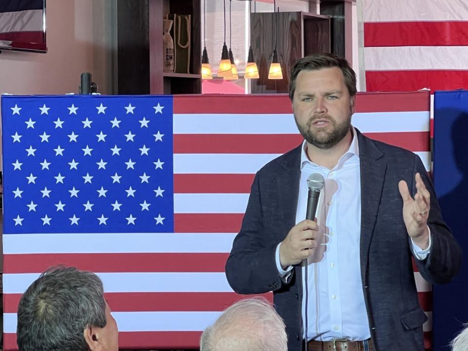 Venture capitalist and author J.D. Vance, who is running for Ohio's open U.S. Senate seat, speaks to voters April 27, 2022, in Grove City, Ohio.