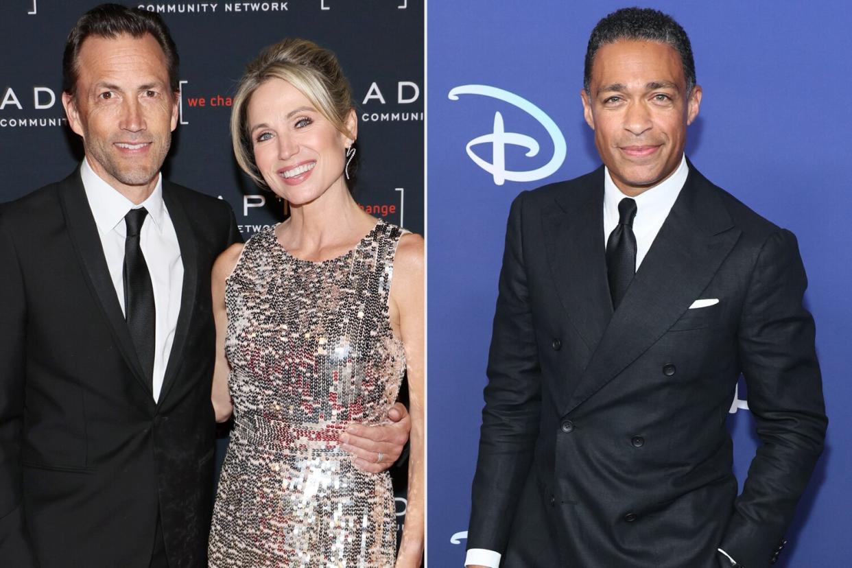 Andrew Shue and Amy Robach attend the 2022 ADAPT Leadership Awards at Cipriani 42nd Street on March 10, 2022 in New York City. (Photo by Mike Coppola/Getty Images for ADAPT Leadership Awards); TJ Holmes attends the 2022 ABC Disney Upfront at Basketball City - Pier 36 - South Street on May 17, 2022 in New York City. (Photo by Dia Dipasupil/Getty Images,)