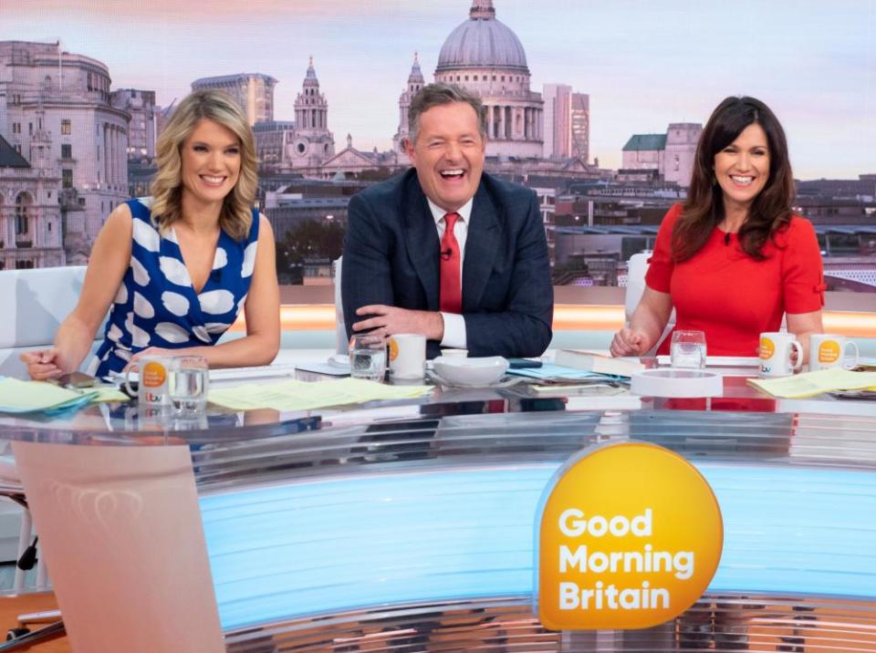 Shiny and provocative … ITV Good Morning Britain presenters Charlotte Hawkins, Piers Morgan and Susanna Reid.