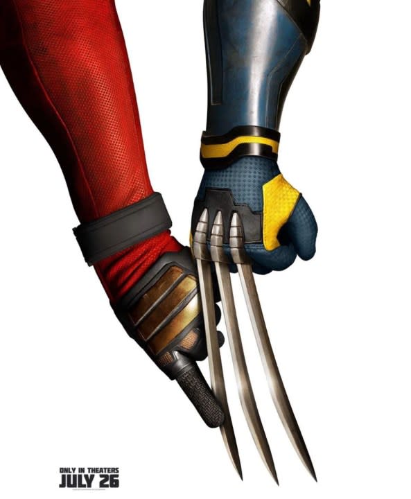 Deadpool gets a little handsy with Wolverine's claws in a poster for Deadpool and Wolverine.