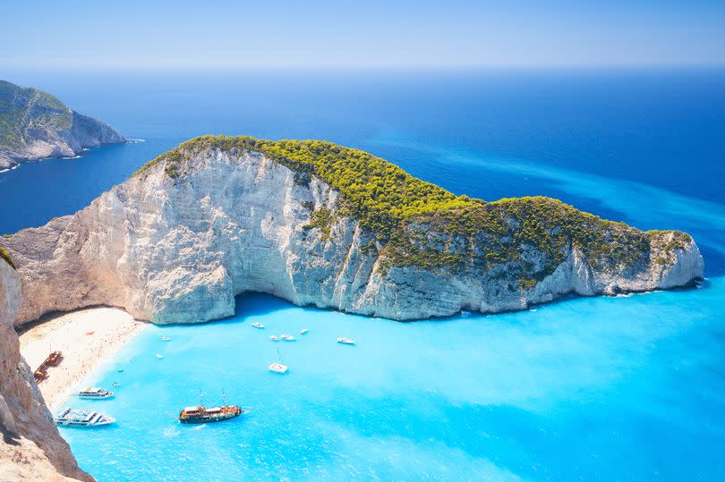 Navagio bay and Shipwreck Beach in summer, the most famous natural landmark of Zakynthos, a Greek island in the Ionian Sea