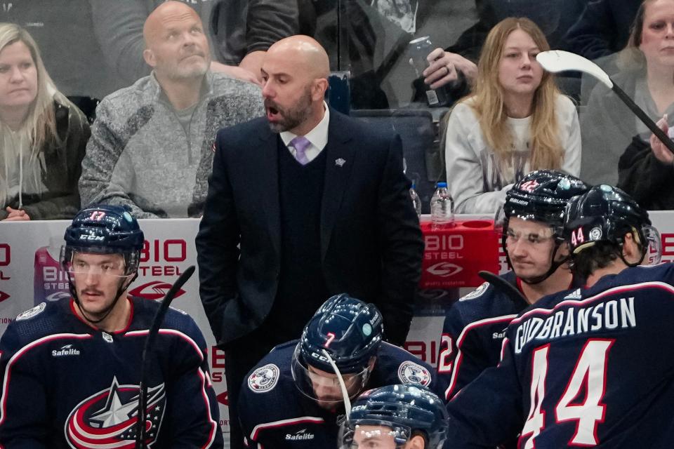 Nov 16, 2023; Columbus, Ohio, USA; Columbus Blue Jackets head coach Pascal Vincent yells from the bench during the second period of the NHL hockey game against the Arizona Coyotes at Nationwide Arena.